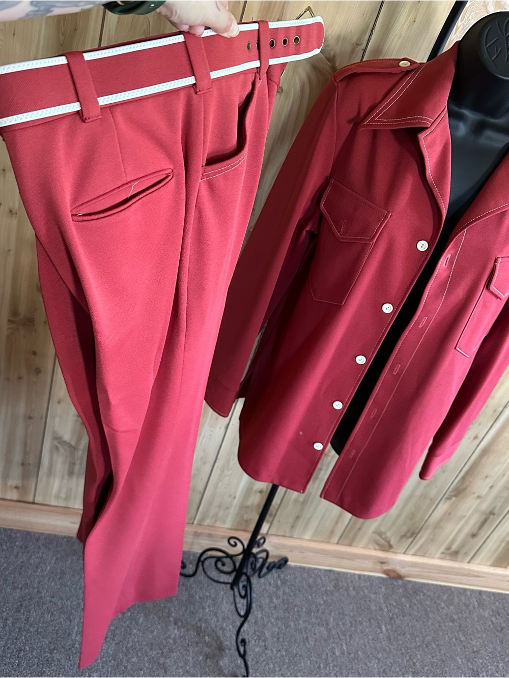 Ridiculously Awesome Vintage Red Two-Piece Shirt and Pants Set with White Trim - Picture 3 of 17